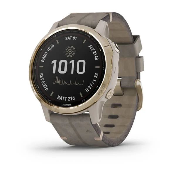 Часы Garmin Fenix 6S Pro Solar золотистый с серым замшевым ремешком
